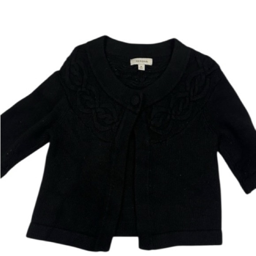 Merona Black Cable Knit Yoke Cropped Cardigan Sweater Wool Rabbit Hair Blend M